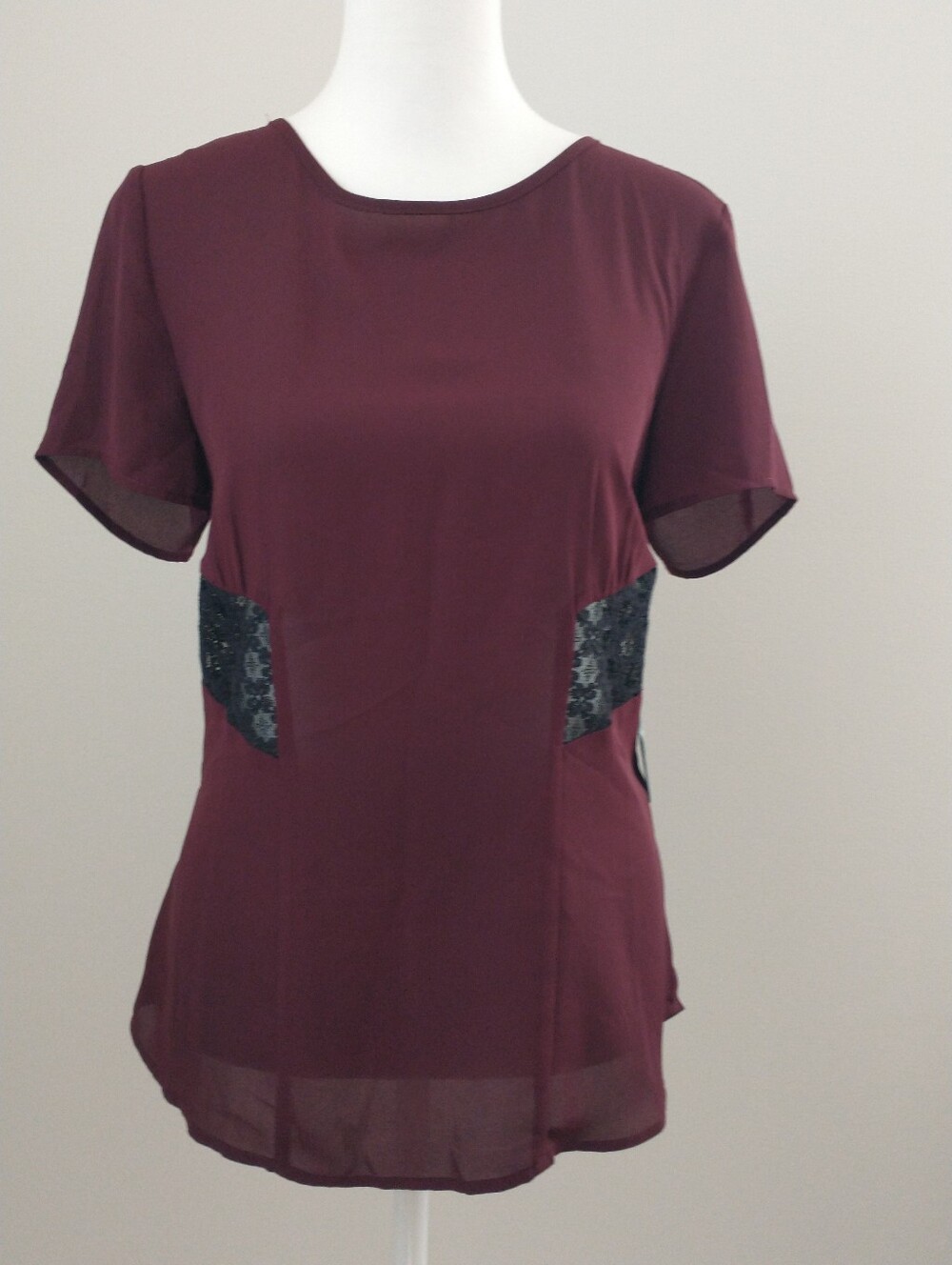 New Meadow Rue Burgundy Short-Sleeve Lace Accent Blouse S